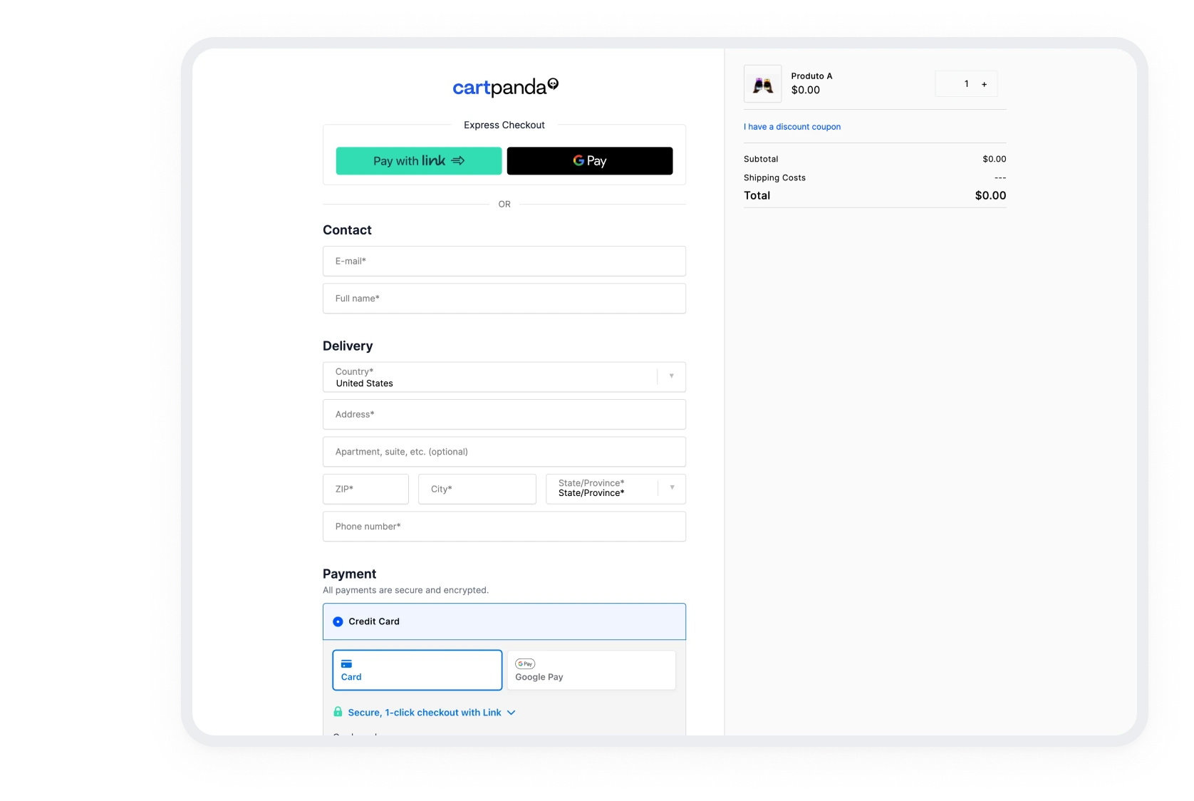 Interface de checkout Cartpanda no celular e desktop