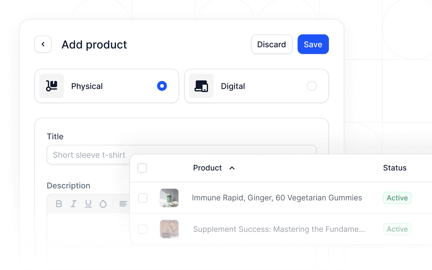 add a new product interface that includes the option to add physical and digital products